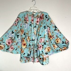 HUMMINGBIRD Women’s Floral Kimono Top Cinch Self Tie Belt Oversized Aqua Sz S
